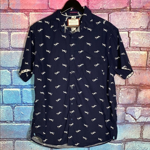Denim & Flower Other - Boys Denim & Flower Button Up Navy Blue Shark Print Shirt Size XL